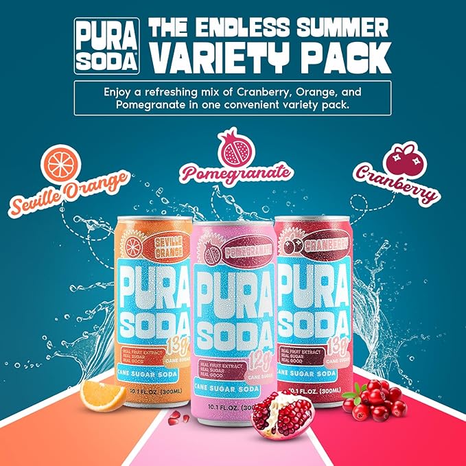 PuraSoda® Endless Summer Soda Variety Pack - Cranberry Orange &amp Pomegranate | 10 fl oz (Pack of 12) | 65 Calories 13g Real Cane Sugar Real Fruit Extracts | Non-GMO Vegan No Stevia or Artifici