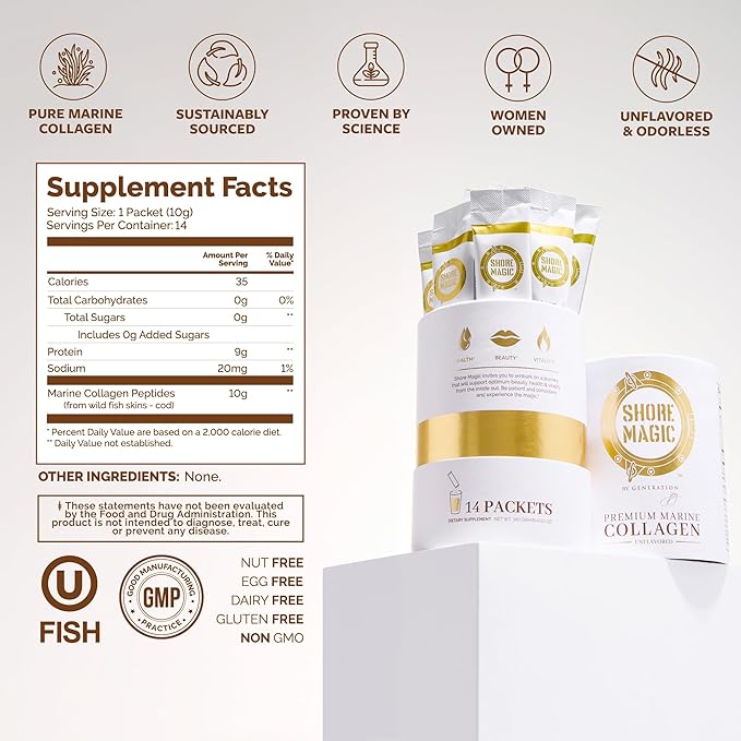 Shore Magic 14-Day Collagen Packets – Hydrolyzed Marine Collagen Peptides Types I II III IV – Wild-Caught Fish Unflavored Kosher – Supports Skin Hair Nails &amp Joints – Travel-Friendly