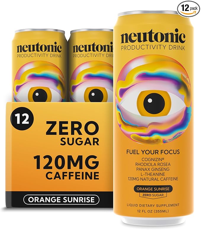 Neutonic Nootropic Productivity Energy Drink | Orange Sunrise 12 Cans | 120mg Natural Caffeine Zero Sugar | Support Memory Mental Clarity Cognitive Function | Boost Focus Energy Brain Health