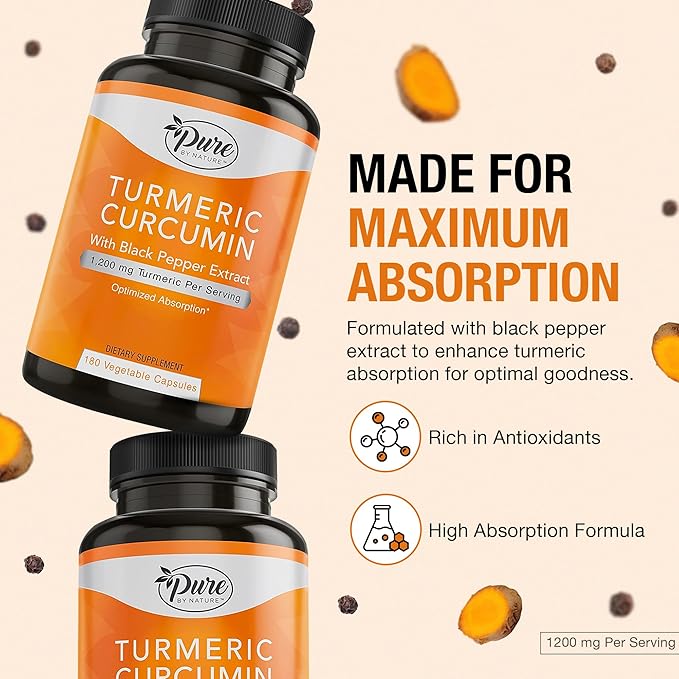 Pure By Nature Turmeric Curcumin with Black Pepper Extract 10 mg Capsules 1200 mg per Serving Organic High Absorption Antioxidant Support (180 Count)
