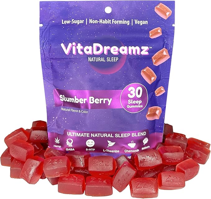 Premium Melatonin Sleep Gummies | Advanced Nighttime Blend with GABA L-Theanine &amp Chamomile | Slumber Berry Vegan Gummies for Calm Relaxation &amp Restful Sleep | 30 Count