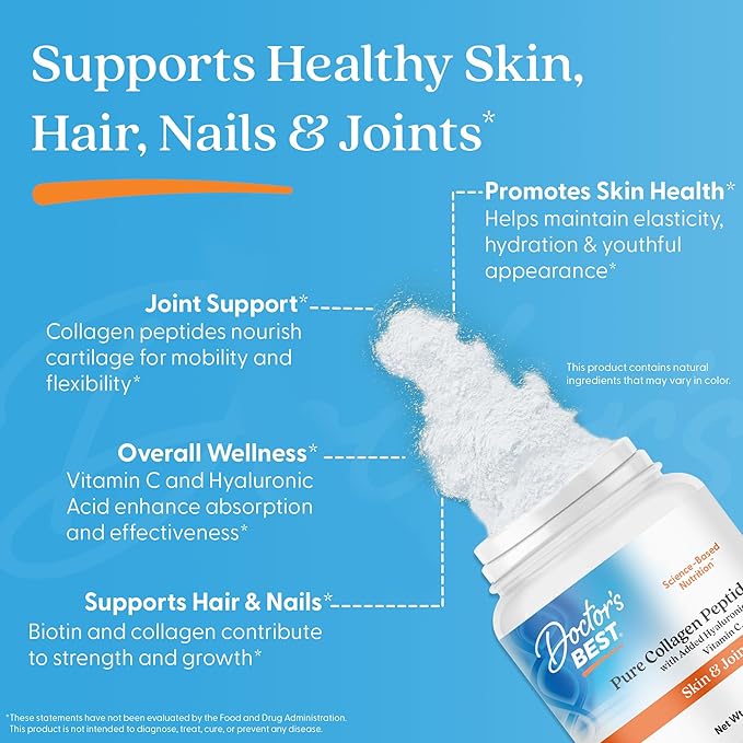 Doctor's BEST Pure Collagen Peptides w/Hyaluronic Acid - Collagen Powder Supplement for Women &amp Men Unflavored 18 g Protein &amp 90 mg Vitamin C per Serving Supports Healthy Skin &amp Hair -