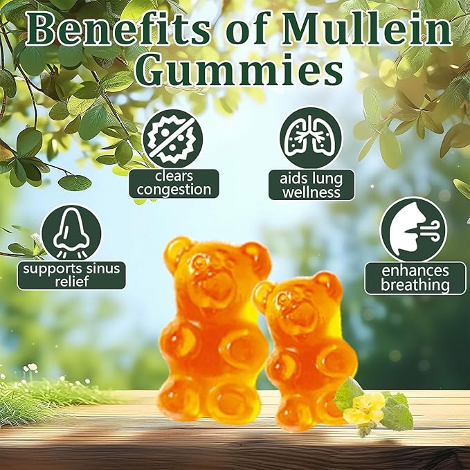 Mullein Gummies Daily Respiratory Health Gummies1000mg Mullein Leaf herb Extract Pear Flavor Lung Health &amp Sinus Relief (30 Day Supply)