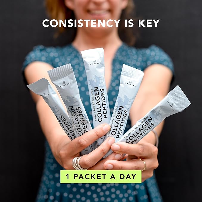 AMANDEAN Collagen Peptides Powder Packets | 30 Individual Stick Packs | Grass-Fed Hydrolyzed Collagen Protein | Unflavored Easy to Mix | Travel Friendly | Promotes Healthy Gut Skin Hair Nails.