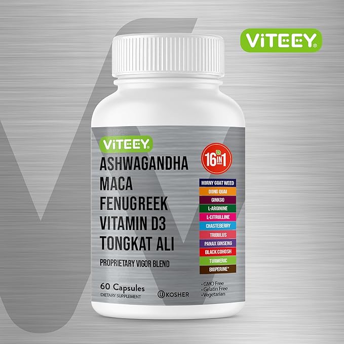 Viteey Ashwagandha Maca Fenugreek Supplement with Tongkat Ali – Drive Passion &amp Energy Support for Men &amp Women – Mood Calm &amp Stress Support - 60 Capsules