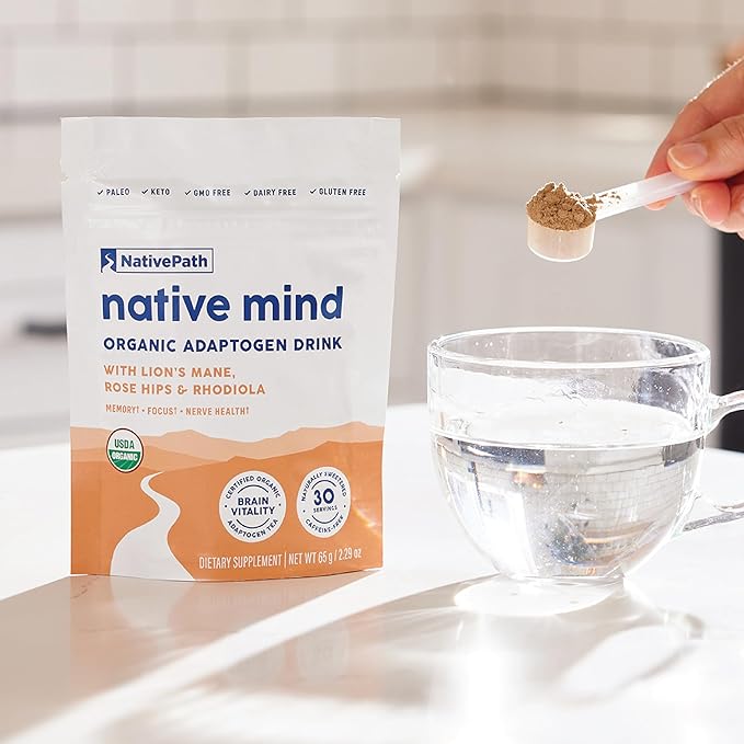 NativePath Native Mind Organic Adaptogen Herbal Support Blend - Organic Mushroom Drink Powder with Lion's Mane Rhodiola &amp Rose HIPS - 30 Servings