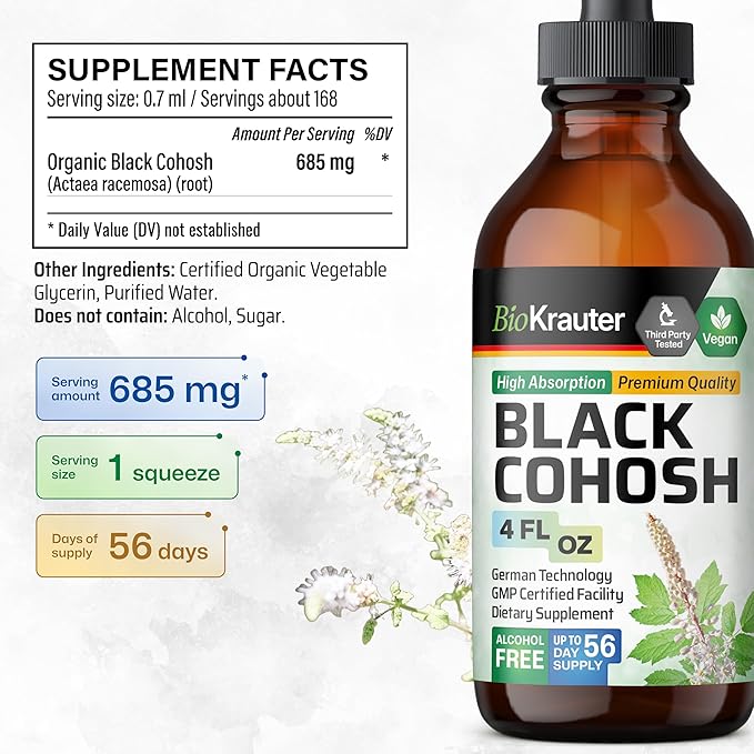 BIO KRAUTER® Perimenopause &amp Menopause Supplements for Women* - Pure Vegan Black Cohosh for Mood Support &amp Women's Wellness - Black Cohosh Supplements 4 Fl.Oz 56-Day Supply Alcohol &amp Suga