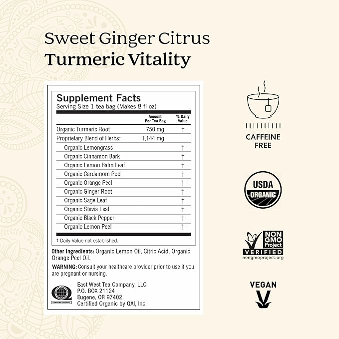 Yogi Tea Sweet Ginger Citrus Turmeric Vitality - 16 Bags per Pack (6 Packs) - Organic Ginger &amp Turmeric Root Tea - Supports Well-being - Includes Cinnamon Bark &amp More