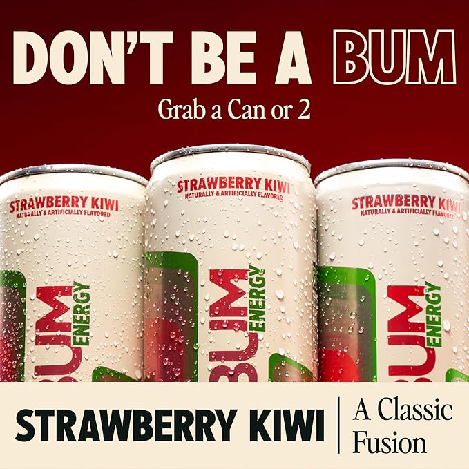 BUM Sugar-Free Energy Drink Strawberry Kiwi - Lightly Carbonated and Gluten Free with 112mg of Natural Caffeine &amp Nootropics for Energy &amp Focus Brain Boost Preworkout - 12 Fl Oz Pack of 12