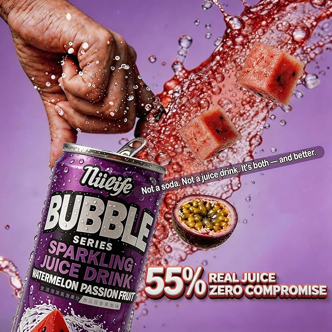 Nülife Bubble Series Sparkling Fruit Juice 55% Real Juice Watermelon Passion Fruit Soda Tropical Carbonated Fruit Water Refreshing Drink Cans 11.2 Fl Oz (Pack of 12)