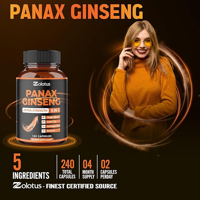 Zolotus Korean Red Panax Ginseng + Ginkgo Biloba Ashwagandha Beetroot Green Tea - 120 Capsules (Pack of 2)