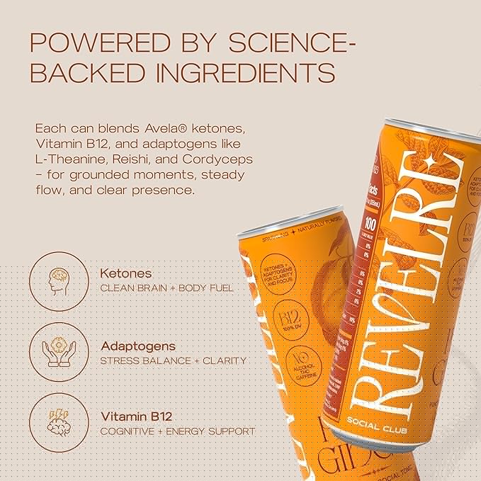 Revelre Functional Social Tonic with Ketones and Adaptogens - Mindful Blend for Focus and Calm - Ketones Magnesium B12 Reishi &amp Cordyceps Mushrooms - Non Alcoholic - Peach Ginger 12 oz (4 Pack