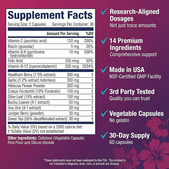 ULTALIFE Blood Pressure Supplements - Advanced Blood Pressure Supplement Complex - Hawthorn Berry Hibiscus Garlic Forskolin - 14 Vitamins &amp Herbs 30 Day Supply in Veggie Capsules