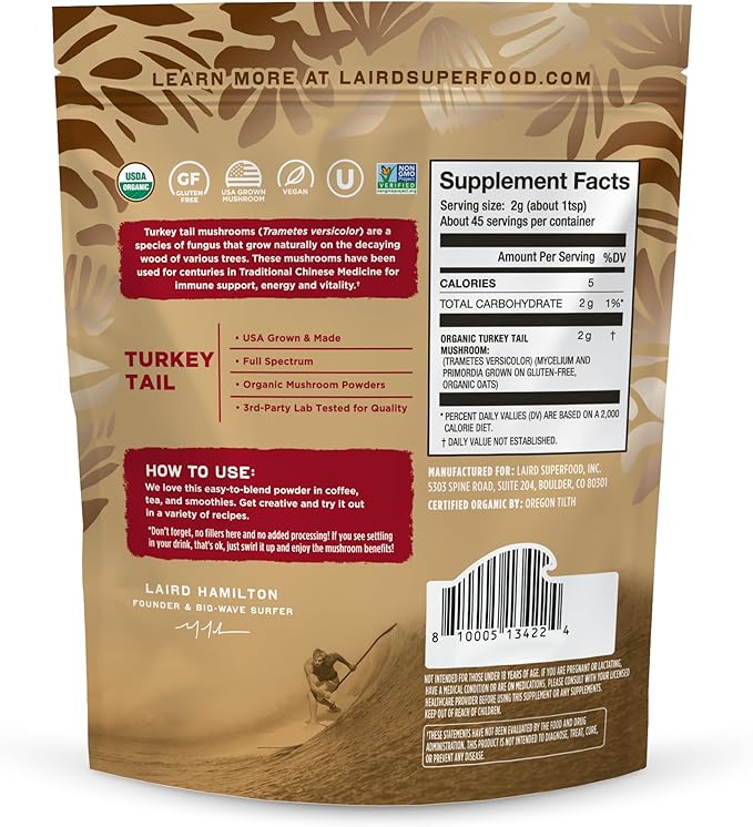 Laird Superfood Organic Turkey Tail Mushroom Powder for Immune Support 3.17 oz. Bag Pack of 1