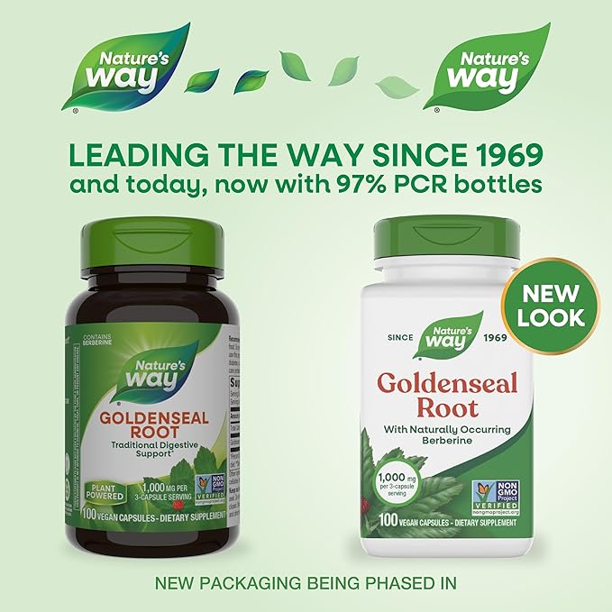 Nature's Way Goldenseal Root Traditional Digestive Support* Contains Berberine Non-GMO Project Verified Vegan 100 Capsules (Packaging May Vary)