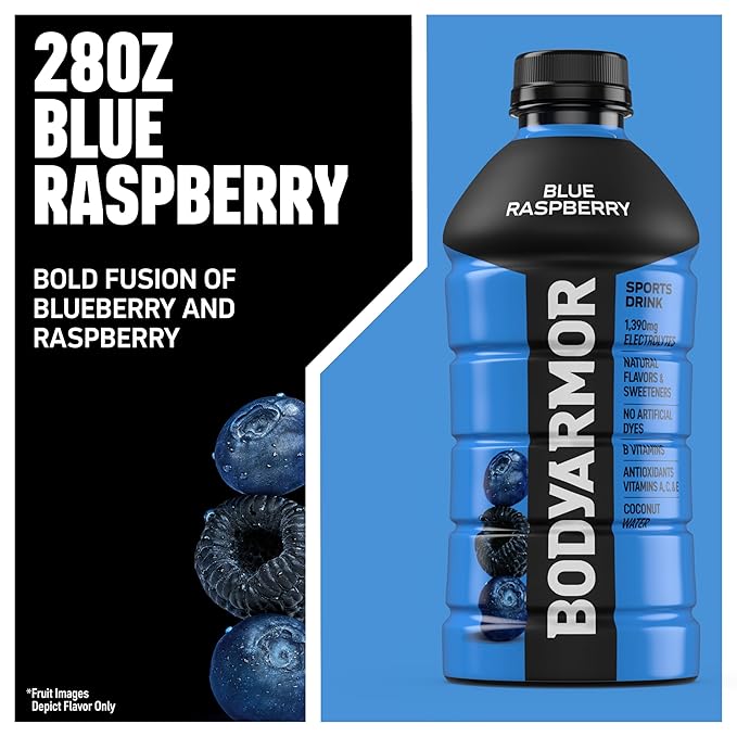 BODYARMOR Sports Drink Blue Raspberry Electrolyte Drink Hydration 28 Fl Oz Bottles (15 Pack) Flavored Coconut Water with B Vitamins &amp Antioxidants