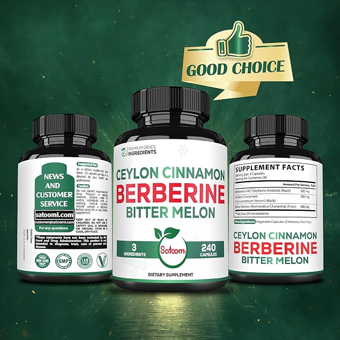 Satoomi Berberine 1500mg Supplement with Organic Ceylon Cinnamon Bark &amp Bitter Melon - 240 Vegan Capsules for 80 Servings - Immune System Heart Health Body Management &amp Digestion Support