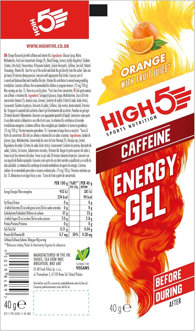 High 5 Energy Gel Plus - 20 x 38g Sachet - Orange