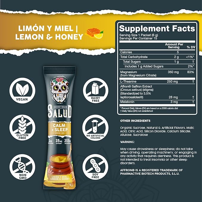 Salud 2-Pack | 2-in-1 Calm + Sleep (Punch) &amp Calm + Sleep (Lemon Honey) – 15 Servings Each Drink Mix Dairy &amp Soy Free Non-GMO Gluten Free Vegan Low Calorie 1g of Sugar