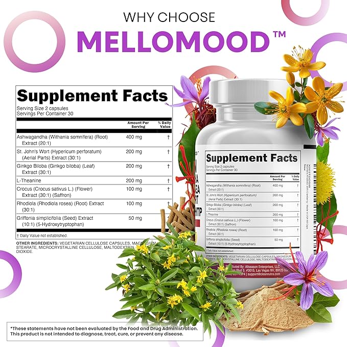 Clean Nutraceuticals Saffron Supplements Extract 100mg + Ashwagandha L-Theanine 200mg - Mood Support Ginkgo Biloba St. John's Wort Rhodiola Rosea &amp 5-HTP Capsules Pills Men Women (Pack of 2)