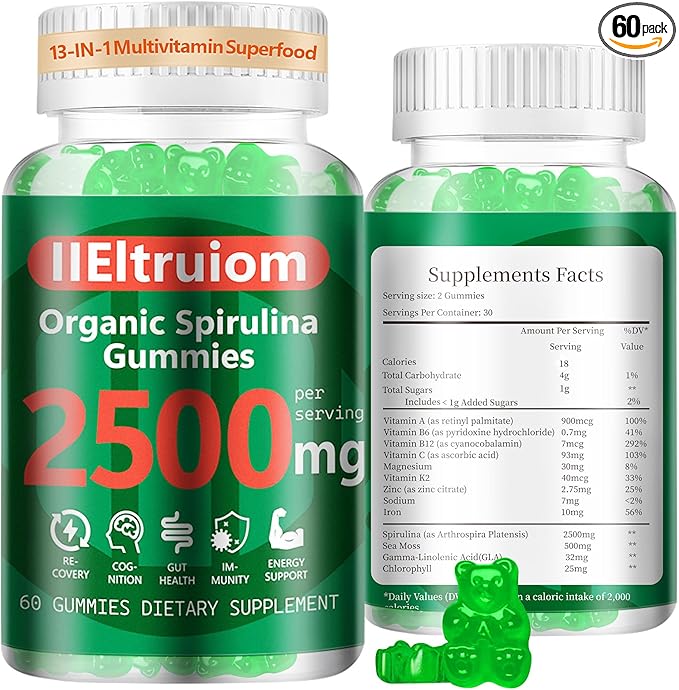 Organic Blue Spirulina Chlorella Gummies 13-in-1 Super Greens &amp Superfoods Spirulina 2500mg Enhanced Daily Energy with Sea Moss Chlorophyll GLA Gluten Free 60 Vegan Gummies