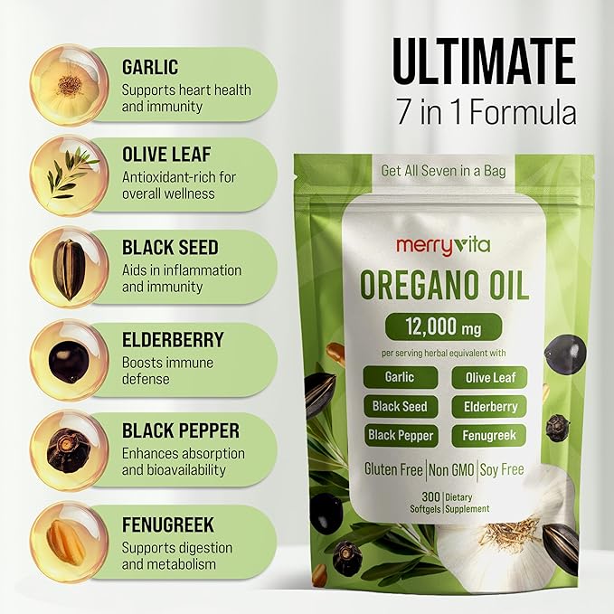 Oil of Oregano with Black Seed Oil– 12000mg Oregano Oil Capsules Organic High Carvacrol – Aceite de Orégano Cápsulas Immune Support Supplement – Non-GMO - 300 Softgels