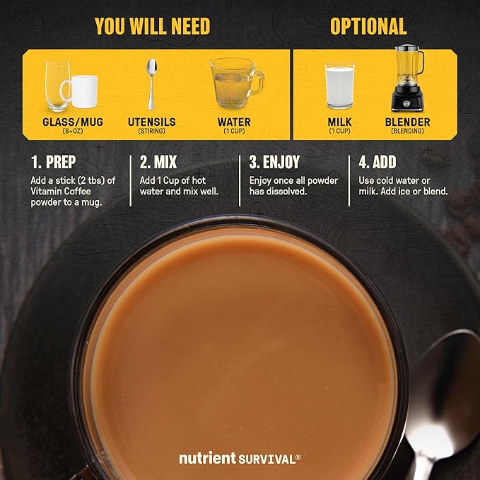 Nutrient Survival Coffee Vitamin Enriched Dark Roast Coffee 100% Colombian Arabica Prepper Supplies 13 Essential Vitamins Shelf Stable up to 18 Months 30 Single Serve Stick Packs