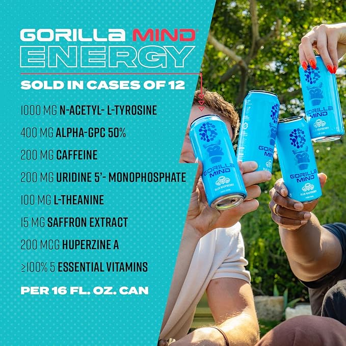 Gorilla Mind Energy Drink | Unmatched Energy · Amplified Focus | N-Acetyl-L-Tyrosine Alpha-GPC 200mg Caffeine Uridine Saffron | 0 Sugar Or Artificial Colors | 16oz 12-Pack (Red Gummy Fish)