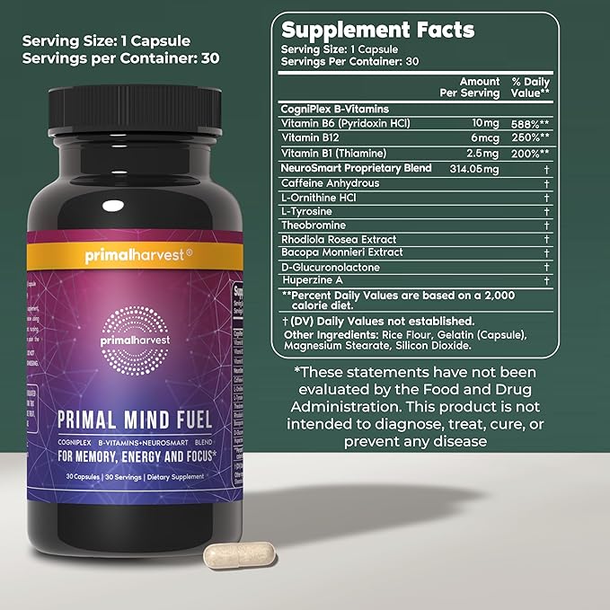 Primal Harvest Brain Supplement Primal Mind Fuel Brain Booster for Focus Energy Clarity Memory Brain Health 30 Capsules Nootropics Brain Support Supplement for Men and Women (2 Pack (30 Count))