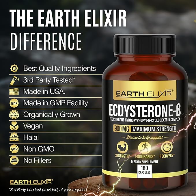 Earth Elixir Ecdysterone Supplements 900mg (180Capsules) – Made in USA - Muscle Building Supplements for Men w/ 95% Beta Ecdysterone w/Hydroxypropyl-β-Cyclodextrin for Enhanced Bioavailability