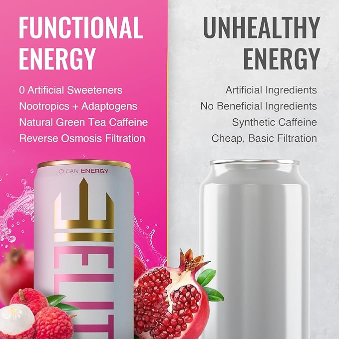 ELITE Energy – Sugar Free Energy Drinks – Clean Green Tea Caffeine with L-Theanine – Zero Sugar 10 Calories Naturally Sweetened Functional Energy – Focus &amp Performance – 12 Pack – Lychee Pomegra