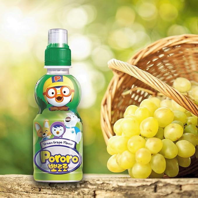 Paldo Fun &amp Yum Pororo Kids Green Grape Flavor Drink Pack of 8 Fruit Juice Drinks with Comfortable Push-Pull Sports Cap Perfect Drink for Children 7.95 fl oz. x 8