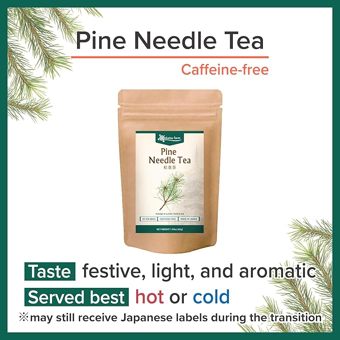 Onkatsu Farm Pine Needle Premium Japanese Tea Bags Festive Aromatic Flavor Hot or Iced Caffeine Free 45 Total Tea Bags