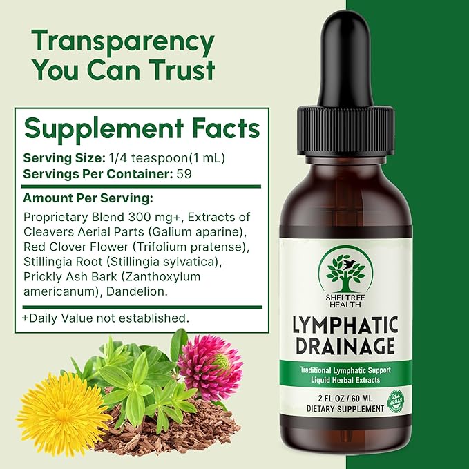 Lymphatic Drainage Drops 2 Fl. Oz | Organic Lymphatic Drainage Supplements with Cleavers Red Clover Flower Stillingia Root Prickly Ash Bark Dandelion | Vegan | Non-GMO