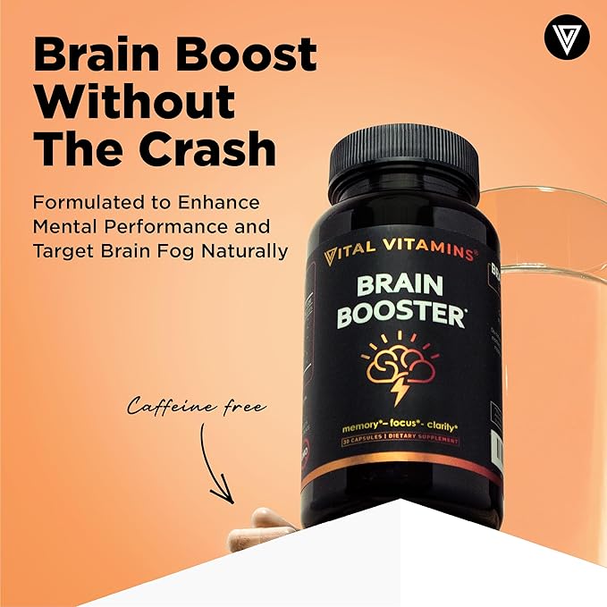 Vital Vitamins Brain Supplements with Bacopa Monnieri - for Memory and Focus – Nootropic Brain Booster - Caffeine-Free Support for Adults &amp Seniors – Non-GMO 30-Day Supply 30 Capsules