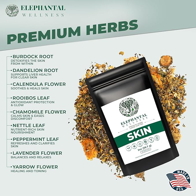 Elephantal Wellness Premium Skin Herbal Tea | Radiance &amp Clarity Support with Burdock Dandelion Calendula &amp Lavender | Non-GMO Caffeine-Free Handmade Loose Leaf Blend 2oz Loose Leaf 20 S
