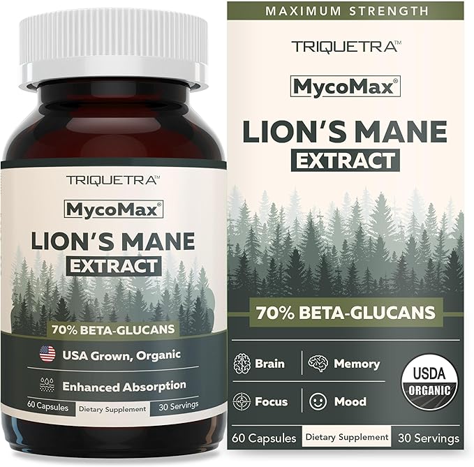 MycoMax Lions Mane Supplement - 70% Beta Glucans Max Potency Organic Lion’s Mane Extract US Grown + Ultrasonic Extraction - 500 mg serving - Supports Mental Clarity Focus and Memory - 60 Capsules