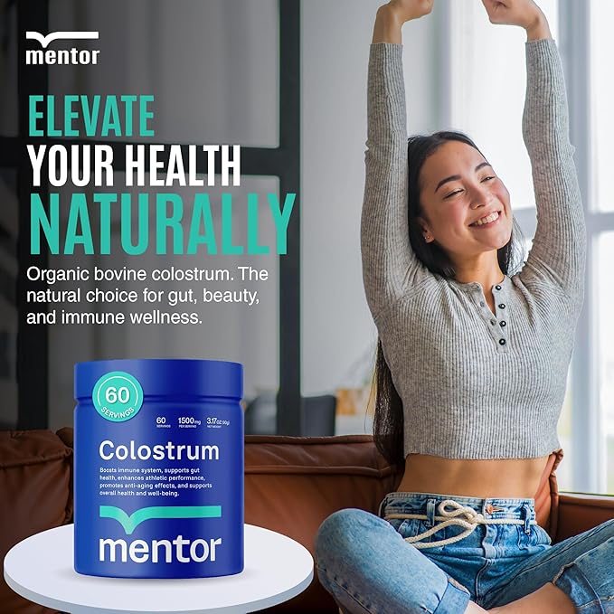 Mentor Colostrum Powder Supplement for Humans - Organic Bovine Colostrum Supplement for Gut Health Hair Growth Beauty and Immune Support - Colostrum Protein