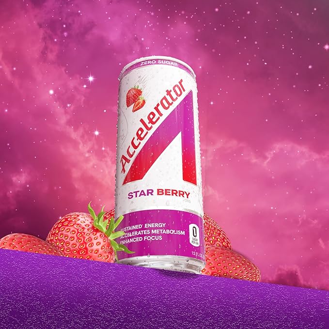 Accelerator Energy Drink Star Berry 12oz can (12 pack) Zero Sugar Sustained Energy from 100% Natural Caffeine (200mg from Green Coffee Bean &amp Green Tea extract)