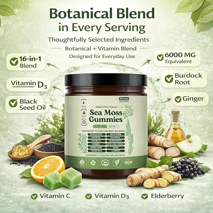 Sea Moss Gummies 16-in-1 Sea Moss Blend with Black Seed Oil-Green Apple Flavor(1 Bottle)