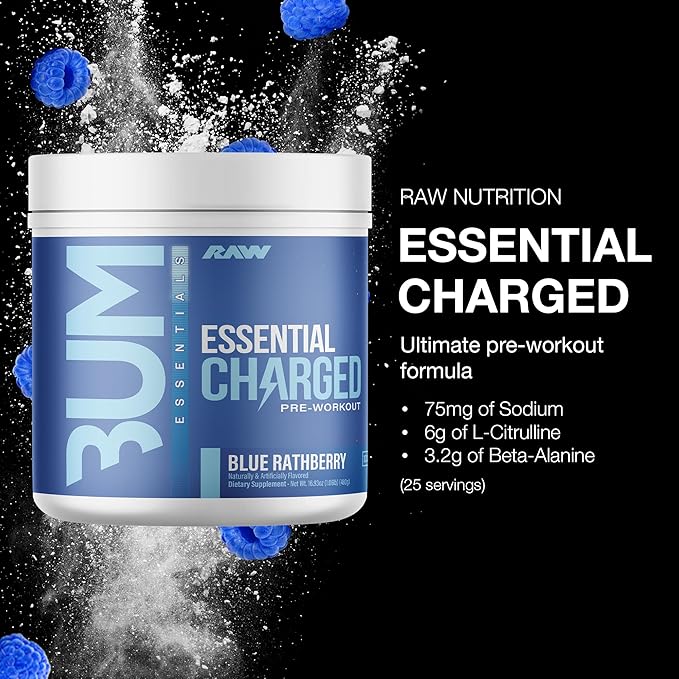 RAW Pre-Workout Powder Essential CHARGED (Blue Rathberry) - Preworkout Supplement for Men &amp Women - Supports Focus Mood &amp Performance - Caffeine Alpha-GPC L-Citrulline Beta Alanine (25 S