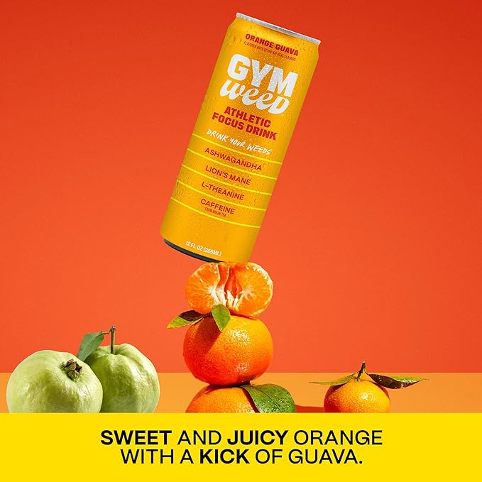 GYM WEED Athletic Focus Drink with KSM-66 Ashwagandha Lion's Mane Mushroom L-Theanine 200mg Green Tea Caffeine with Natural Sweeteners Orange Guava Flavor 12 Pack