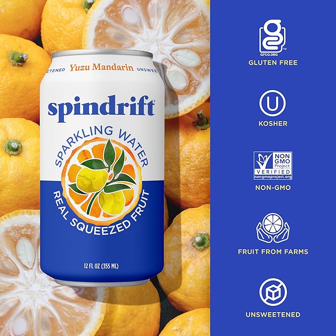 Spindrift Sparkling Water Yuzu Mandarin Flavored Made with Real Squeezed Fruit 12 Fl OZ Cans Pack of 24 (Only 6 Calories per Can)