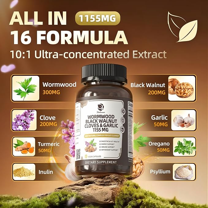 Lukaree 16-in-1 Wormwood Black Walnut Clove Cleanse for Humans Capsules – Natural Gut Detox &amp Digestive Health with Pumpkin Seeds Garlic Oregano Turmeric Liposomal Tech 98% Absorption Vegan 1155
