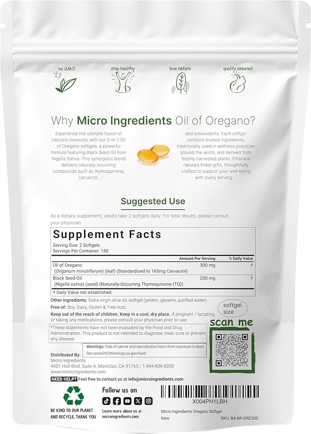 Micro Ingredients Oil of Oregano Softgels 300 Count | 2 in 1 Formulated with Black Seed Oil | 4X Strength Carvacrol &amp Thymoquinone | Plant Based Non-GMO