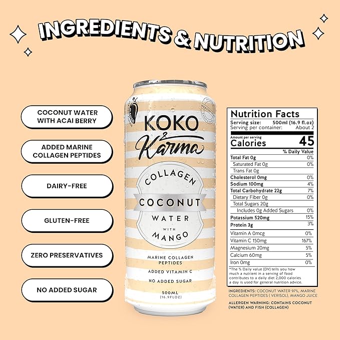 Koko &amp Karma – Pure Coconut Water with Marine Collagen Peptides &amp Mango Refreshing Taste with No Added Sugar or Preservatives – 12 Pack – 16.9 Ounce Cans