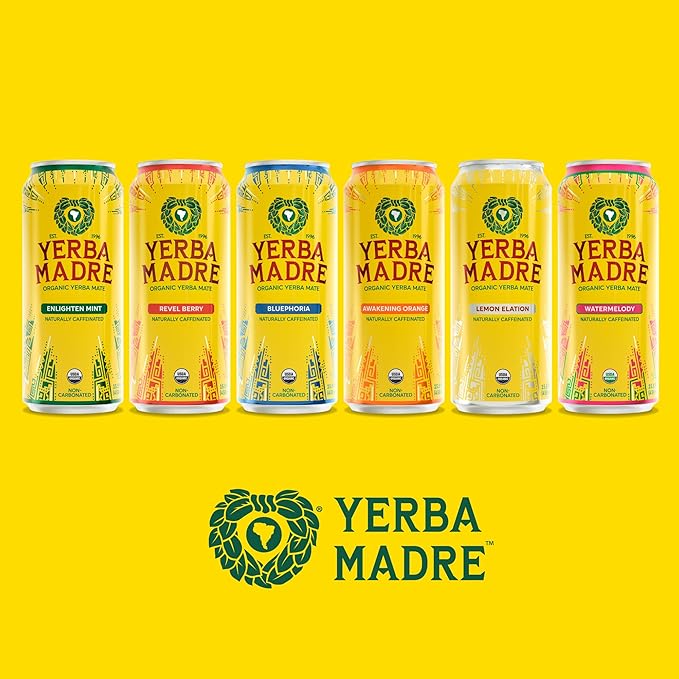 Yerba Madre Organic Yerba Mate Lemon Elation 150mg Natural Caffeine Energy Drink Alternative No Jitters or Crash 15.5 Oz Cans (Pack of 12)