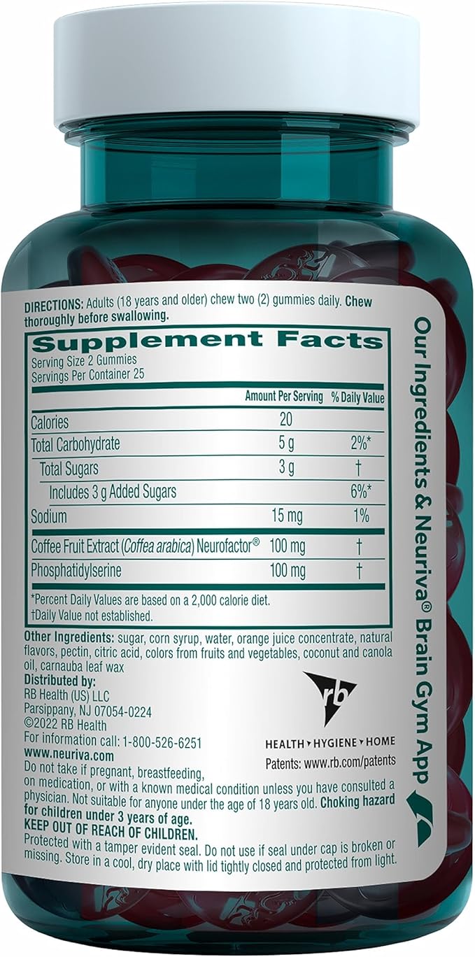 NEURIVA Original Brain Supplement for Memory Focus &amp Concentration + Learning &amp Accuracy with Clinically Tested Nootropics Phosphatidylserine and Neurofactor Strawberry Flavor 50 Gummies