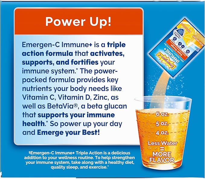 Emergen-C Immune+ Triple Action Immune Support Powder BetaVia (R) 1000mg Vitamin C B Vitamins Vitamin D and Antioxidants Super Orange – 50 Count