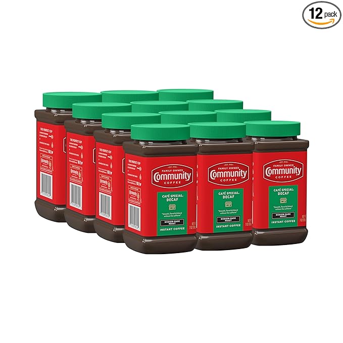 Community Coffee Café Special Decaf Instant Coffee Medium Dark Roast 7 Ounce Jar (Pack of 12)